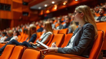 Corporate training seminar  engaged audience learning actively in auditorium session