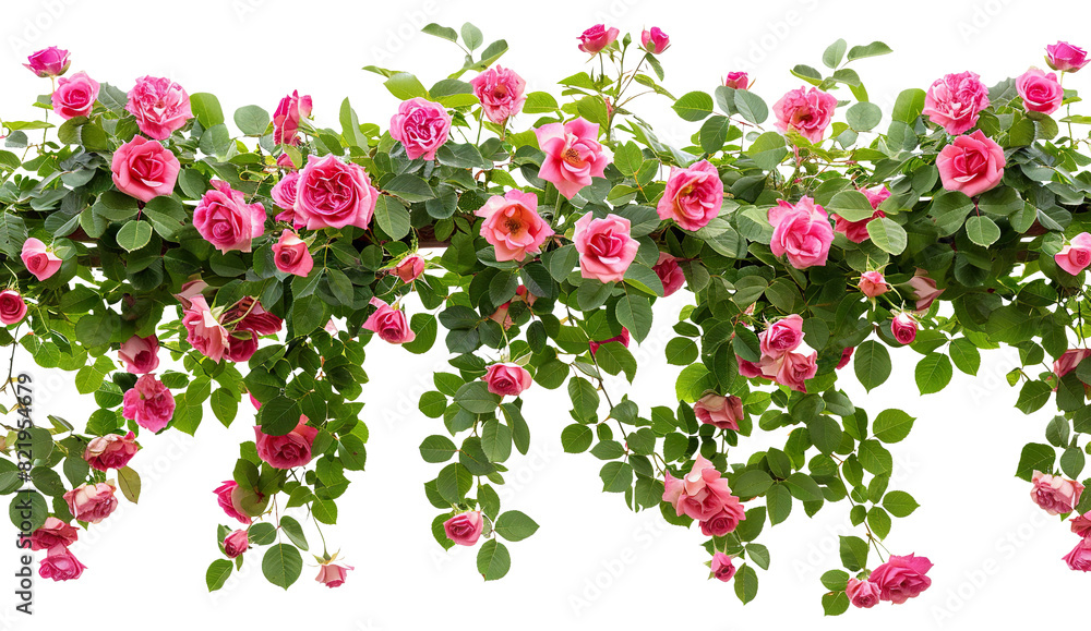 Wall mural Beautiful pink roses with lush green leaves, cut out - Wall murals