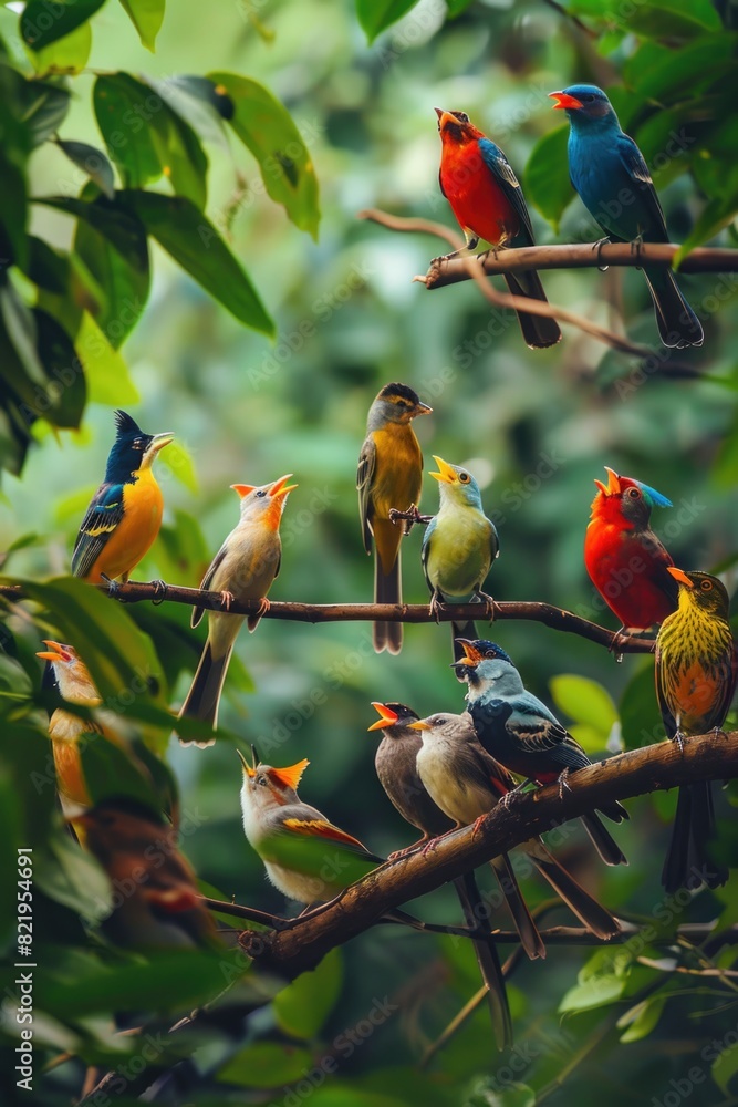 Poster a group of colorful birds perched on a tree branch. suitable for nature and wildlife themes