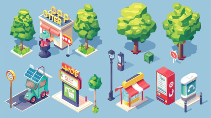 Street objects set of four with isometric trees road