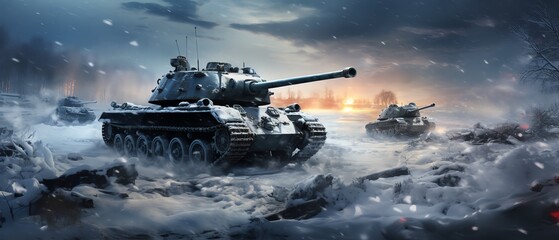 tank on frozen winter battlefield