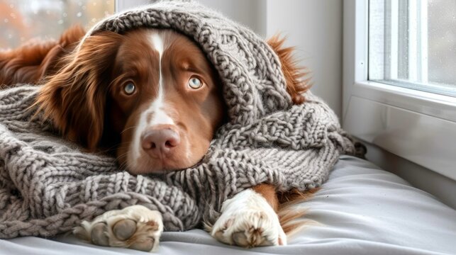 Charming dog wearing a charming knitted hat and sweater in a delightful homemade ensemble