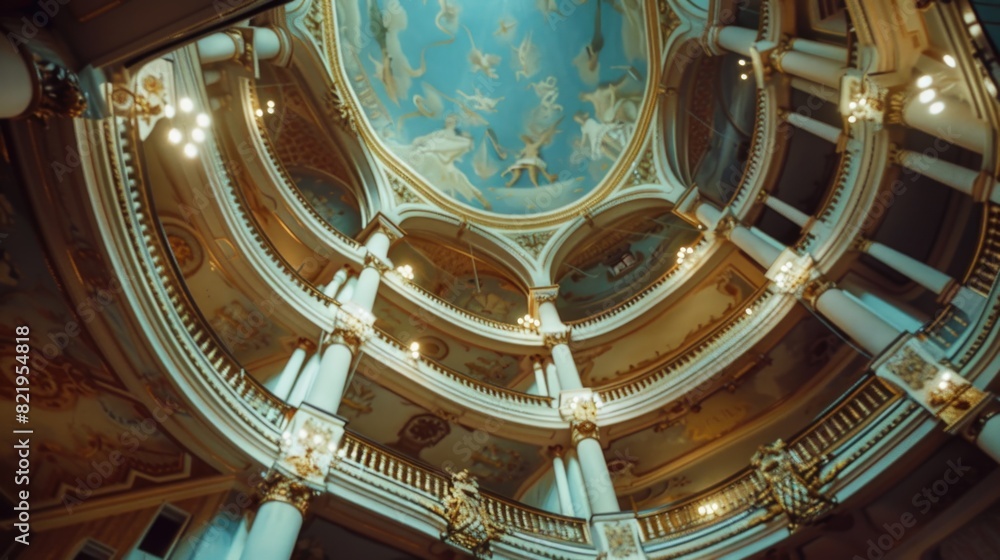 Poster ceiling of a building with a blue sky painted on it. suitable for architectural and interior design 