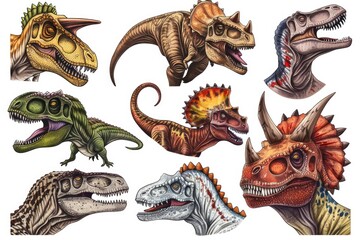 Image of different types of dinosaurs gathered together. Suitable for educational materials