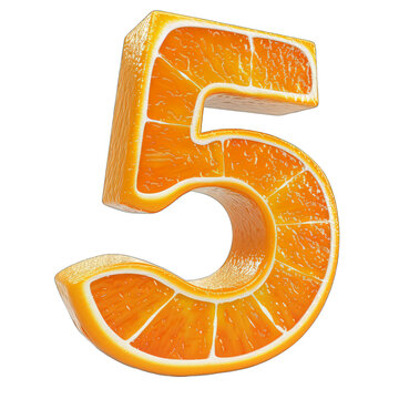 peau et pulpe d'orange en forme de chiffre 5, isol&eacute; sur fond transparent