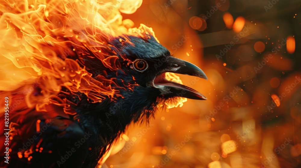Aufkleber close up of a bird with fire in the background. suitable for dramatic and intense visual projects