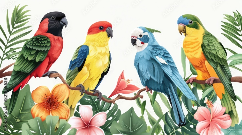 Poster group of colorful birds perched on a branch. suitable for nature and wildlife themes
