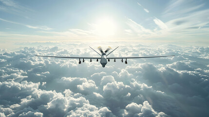 View of a reconnaissance combat drone flying high in the sky above the clouds - Powered by Adobe