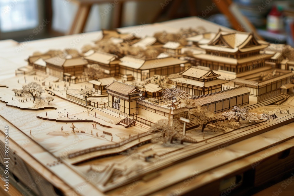 Poster detailed wooden model of a building on a table, suitable for architectural design projects