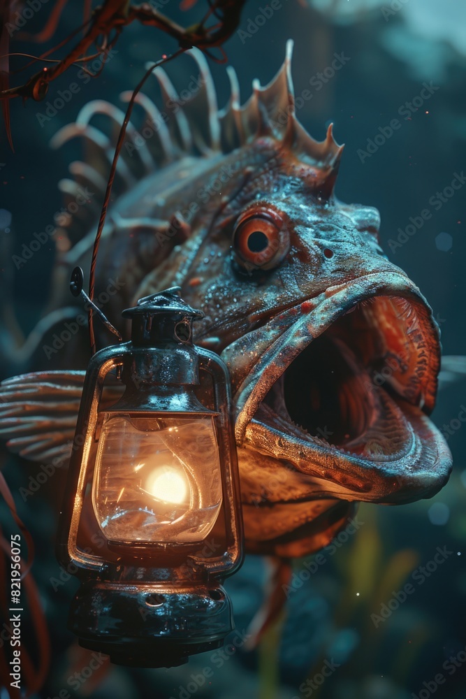 Poster a fish with its mouth open holding a lantern. suitable for various creative designs