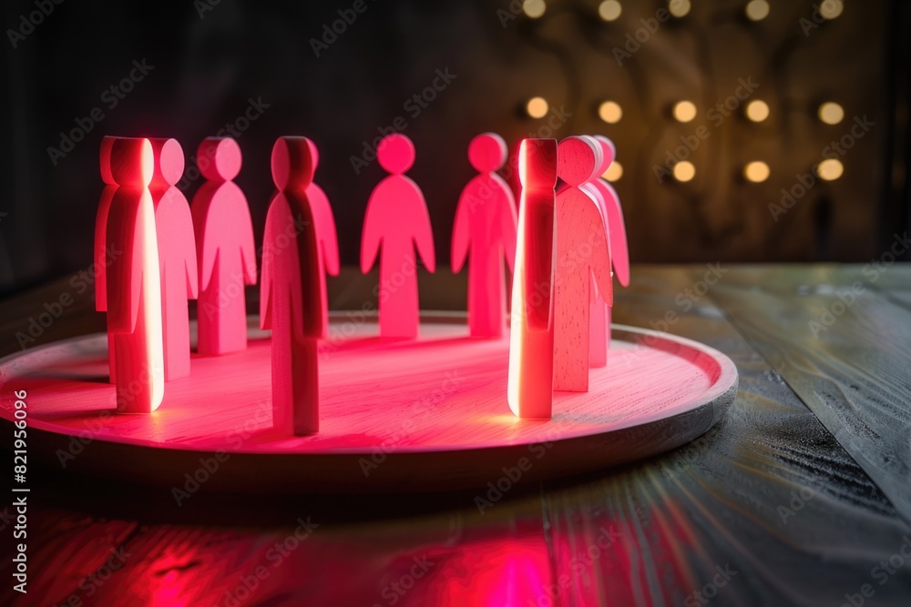 Poster Group of pink paper people standing in a circle, suitable for teamwork concepts
