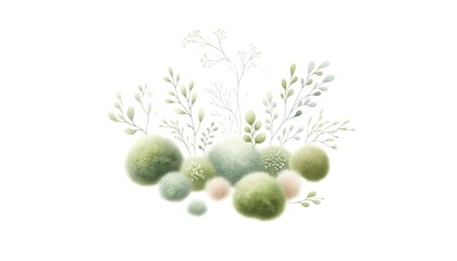 Green and blue watercolor seaweed balls with leaves