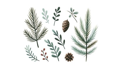 Set of watercolor winter plants, branches, berries and pine cones.