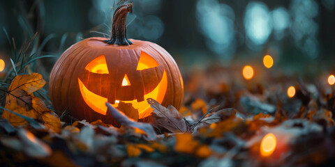 Naklejka premium Halloween, Jack Lantern with glowing eyes on dry leaves in the dark. Minimalism, banner, postcard.