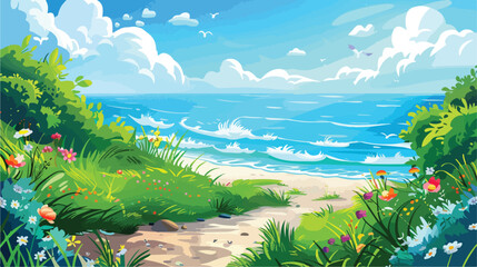 Summer seashore with flowers and green grass. Vector