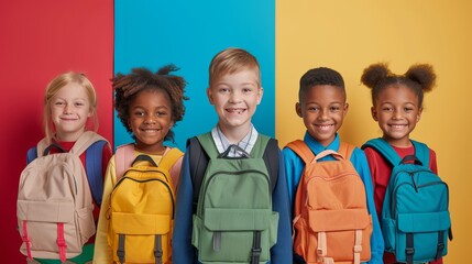 Group of cheerful diverse schoolchildren with colorful backpacks standing against a vibrant multicolored background, smiling at the camera.