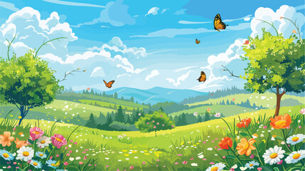 Summer valley landscape with flowers. Vector cartoon