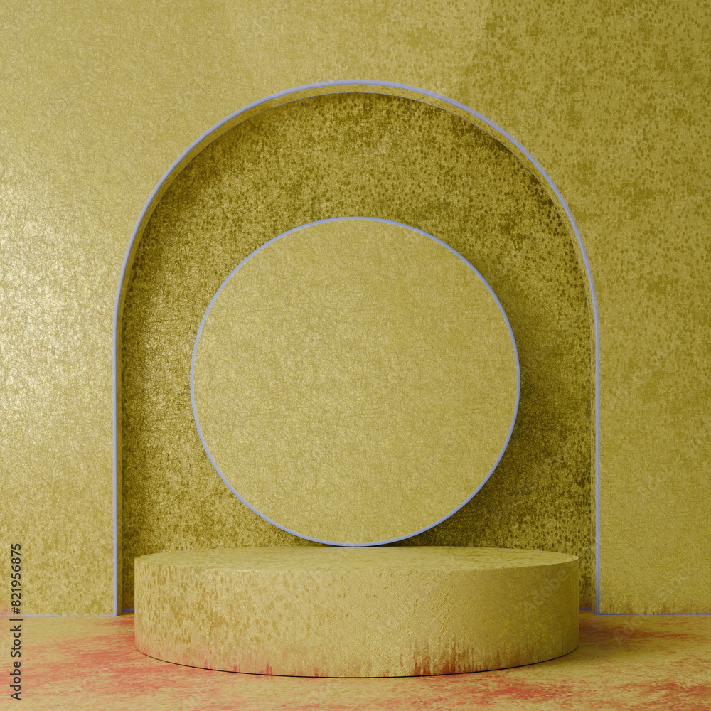 Aufkleber minimalist display stand featuring a round yellow base and backdrop, ideal for product showcasing. 3