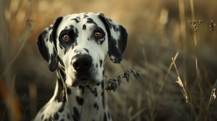 A Dalmatian dog sitting in a field of tall grass, suitable for pet-related projects