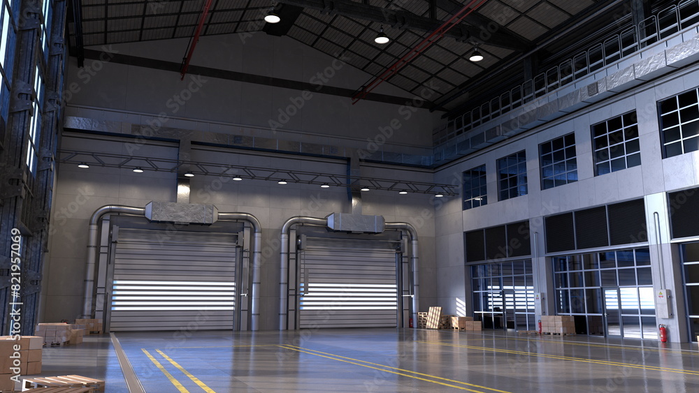 Aufkleber clean warehouse with pallets and packages. sunlight streams through large windows. 3d render