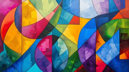 Modern abstract artwork depicting interconnected curved shapes in a rainbow of colors, ideal for contemporary spaces.