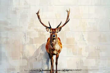 A painting of a deer standing in front of a wall. Suitable for nature or wildlife themed projects