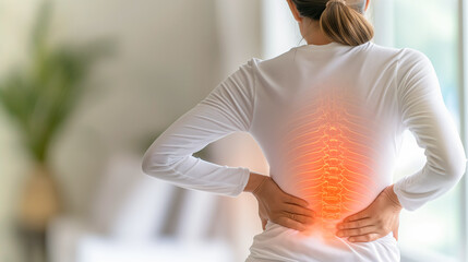 A woman with a red back is wearing a white shirt. Back pain.