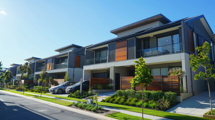 Clean energy meets contemporary design in this photo of solar-powered homes, showcasing eco-conscious living under a bright sky.