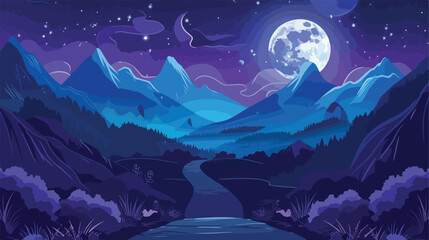 Night mountain road and moon in dark sky vector background