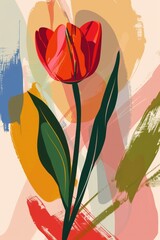 Aesthetic vibrant colorful abstract flowers and leaves in naive hand drawn style. Natural floral background, poster, print