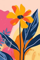 Aesthetic vibrant colorful abstract flowers and leaves in naive hand drawn style. Natural floral background, poster, print