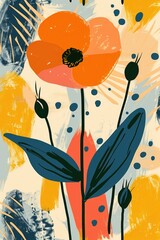 Aesthetic vibrant colorful abstract flowers and leaves in naive hand drawn style. Natural floral background, poster, print