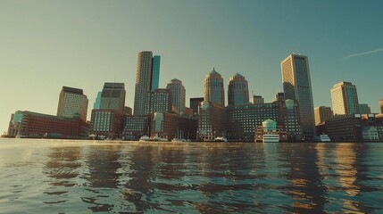 Fototapeta premium A scenic view of a city skyline from the water, perfect for travel websites or urban development projects