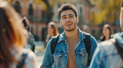 Fototapeta premium Young guy in denim jacket shares his impressions of excursion with group of tourists