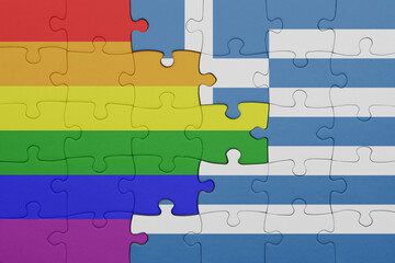 puzzle with the colourful national flag of greece and rainbow gay pride flag .