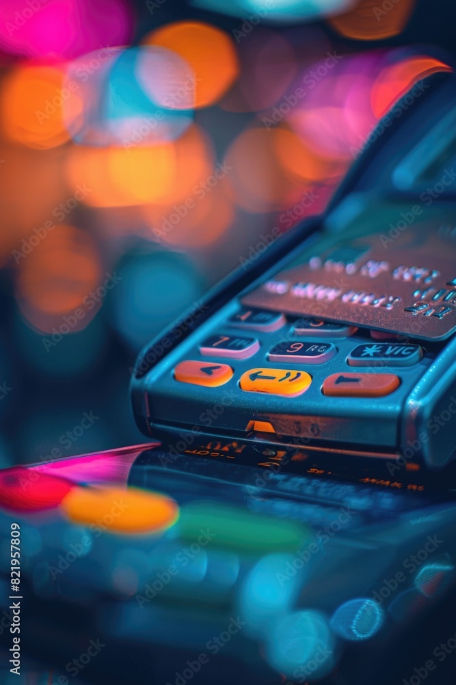 Poster close up of a cell phone on a table, suitable for technology concepts