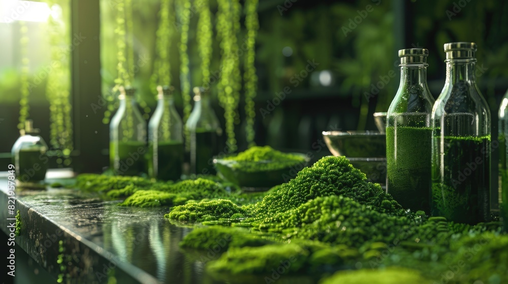 Poster row of bottles with green liquid, ideal for laboratory or science concept