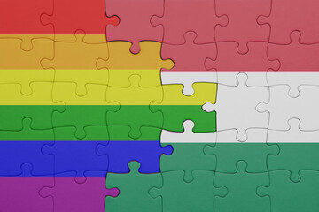 puzzle with the colourful national flag of hungary and rainbow gay pride flag .