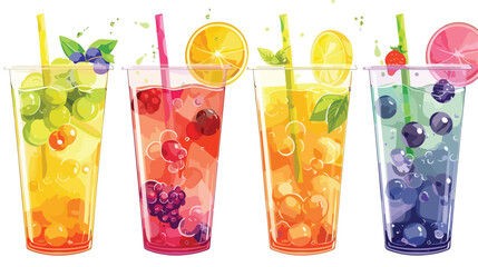Tea with bubble fruits and straw. Cartoon vector illustration