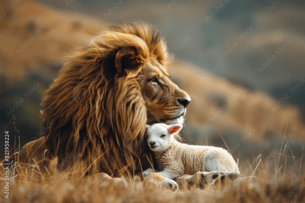 Poster lion and lamb peacefully coexisting in a field. suitable for themes of harmony and unity