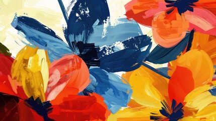 Aesthetic vibrant colorful abstract flowers and leaves in naive hand drawn style. Natural floral background, poster, print