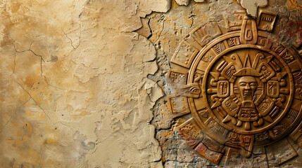The background shows a beautiful, aged wall with a Mesoamerican calendar, full of mysterious symbols and patterns