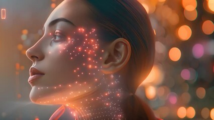 Creative trend collage of attractive woman touch neck artificial intelligence scanning face brown color background  - Powered by Adobe