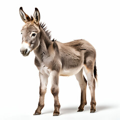 Fototapeta premium side view of little donkey foal standing against white background,