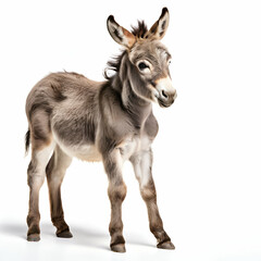 Obraz premium side view of little donkey foal standing against white background,