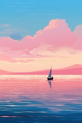 lonely sailboat in seascape illustration