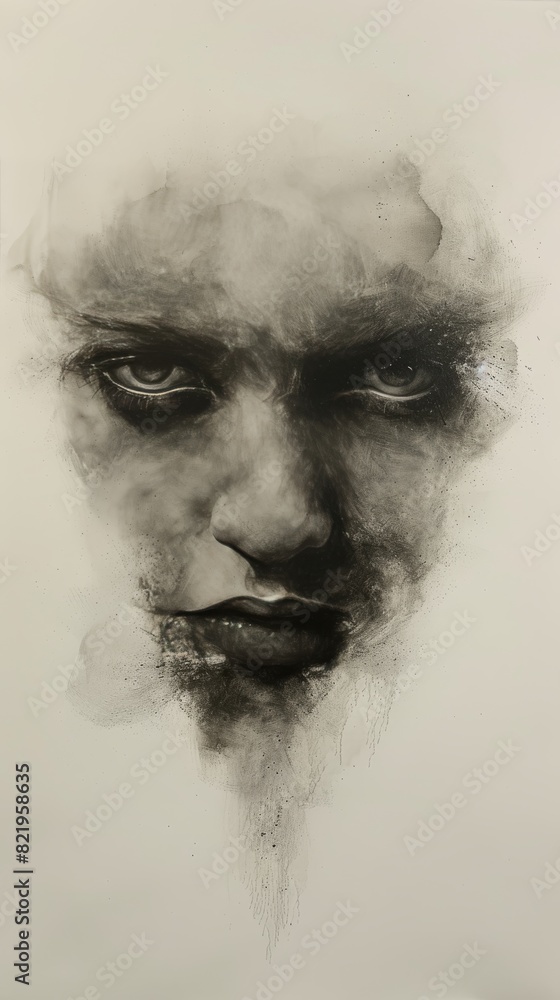 Poster a monochrome portrait of a man with a deep gaze, featuring expressive brushwork and a fusion of abst