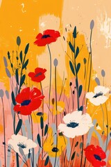 Aesthetic vibrant colorful abstract flowers and leaves in naive hand drawn style. Natural floral background, poster, print