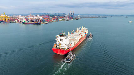 container ship sailing in sea, shipping business and industry service of cargo logistic import and export international freight transportation by container ship in open sea, aerial view