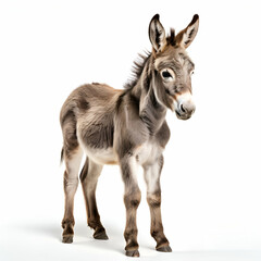 side view of little donkey foal standing against white background,